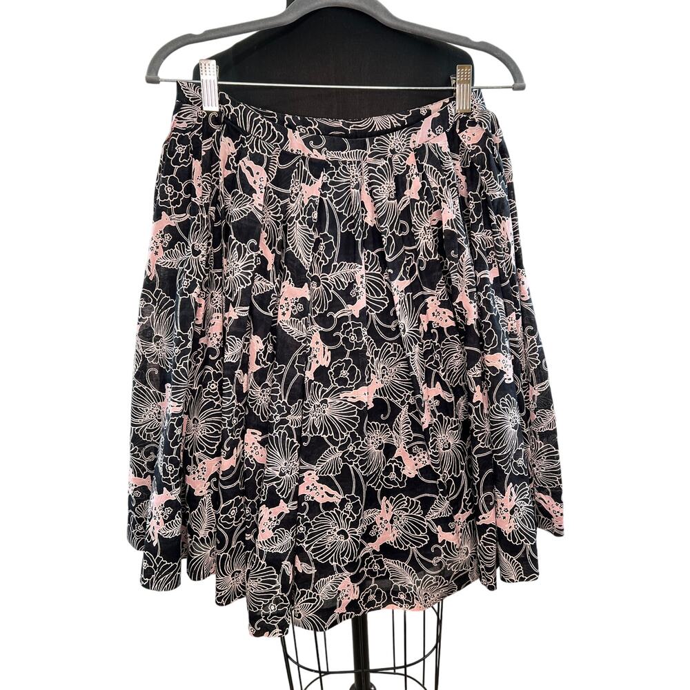 Club Monaco Black Pink Floral Print Pleated Front Back Zip Cotton Skirt Size 0